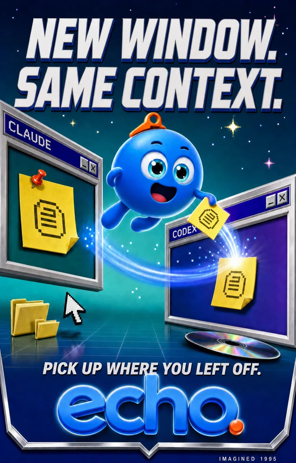 An imagined 1995 desktop-software poster promising the same context in a new window.