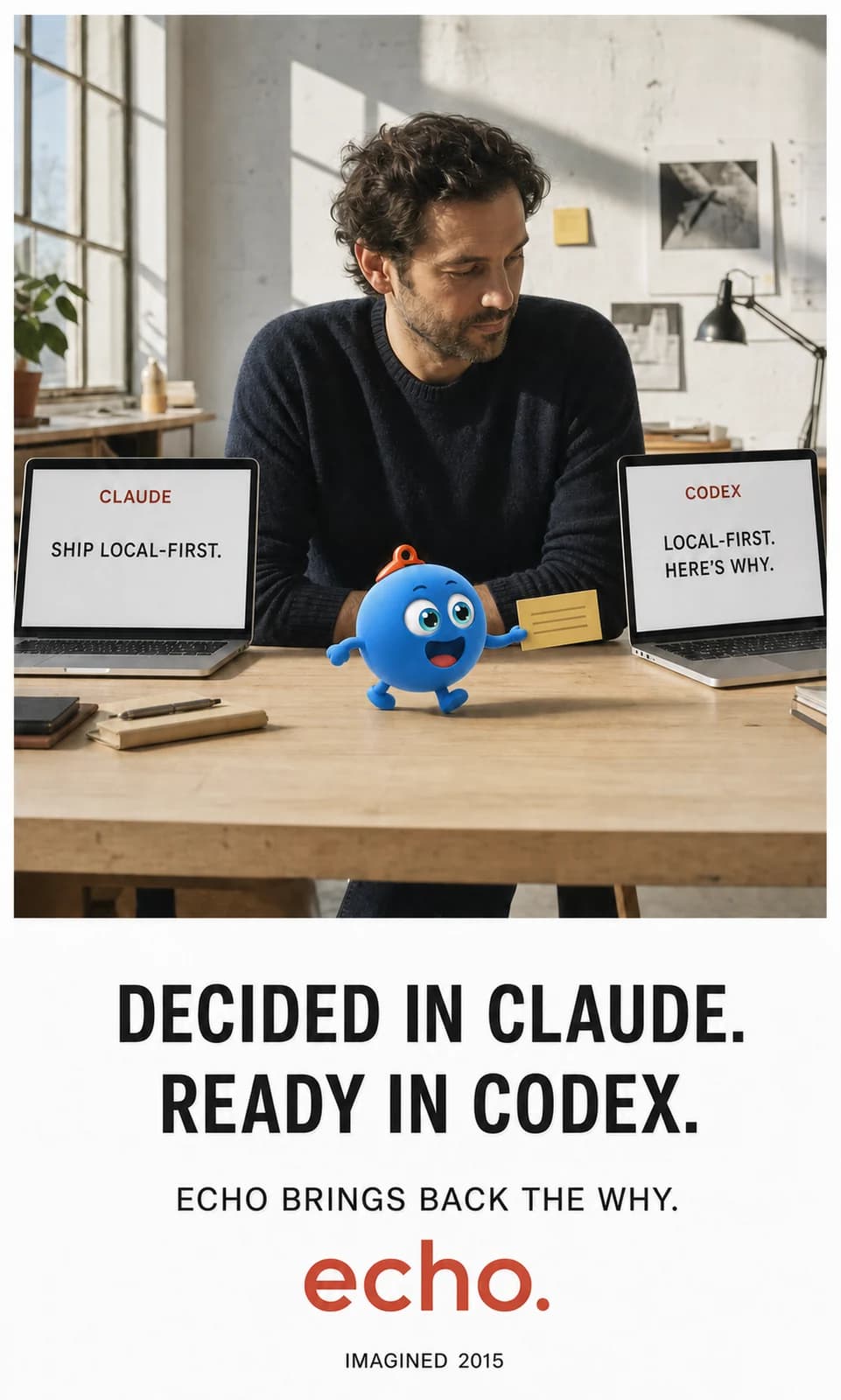 An imagined 2015 Echo poster showing a person working between Claude and Codex.