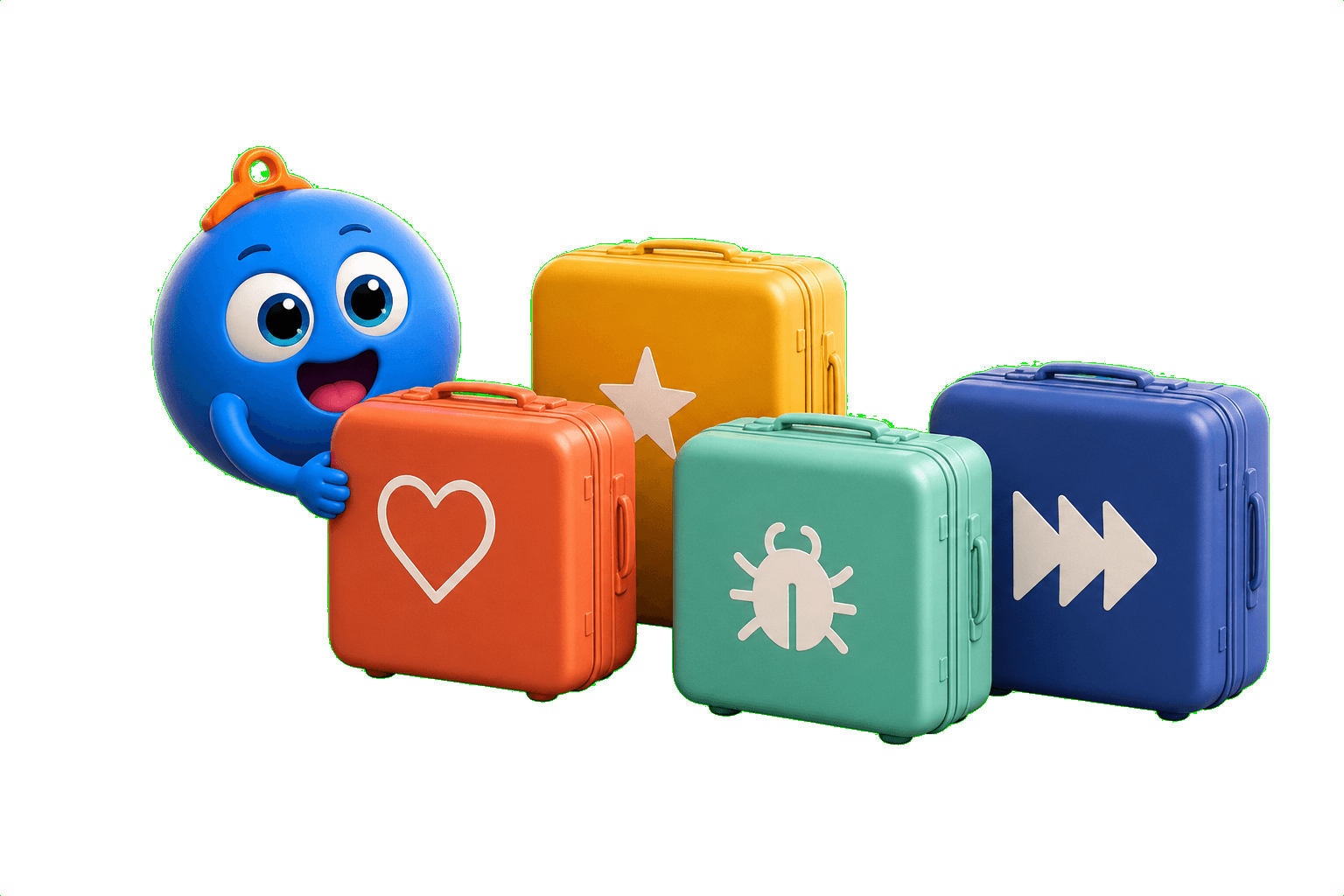 Echo travels with four colorful context suitcases.