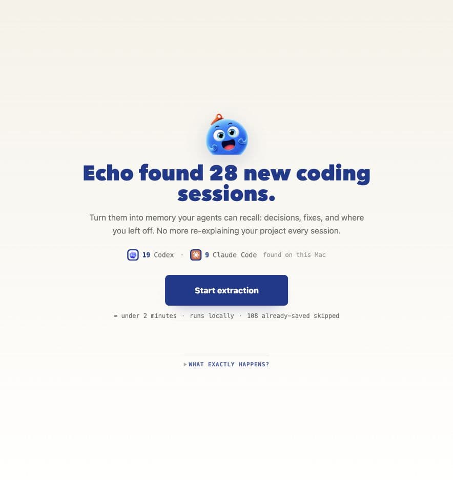 EchoMem setup page showing local coding sessions ready to extract